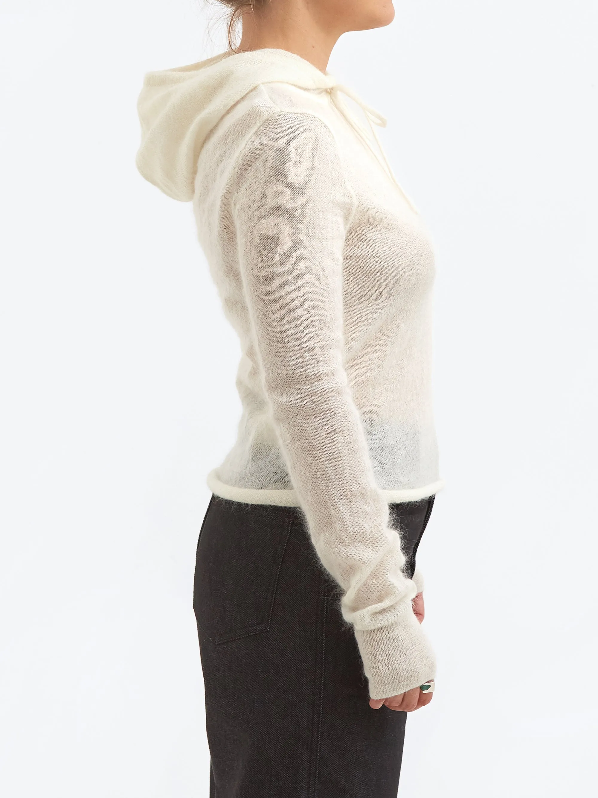 Ivory Sheer Drawstring Knit Hoodie - AMOMENTO.