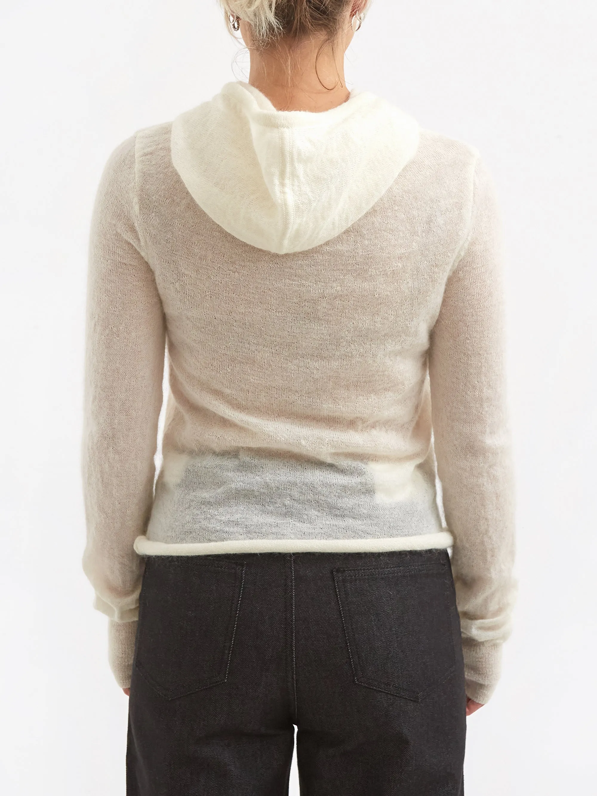 Ivory Sheer Drawstring Knit Hoodie - AMOMENTO.