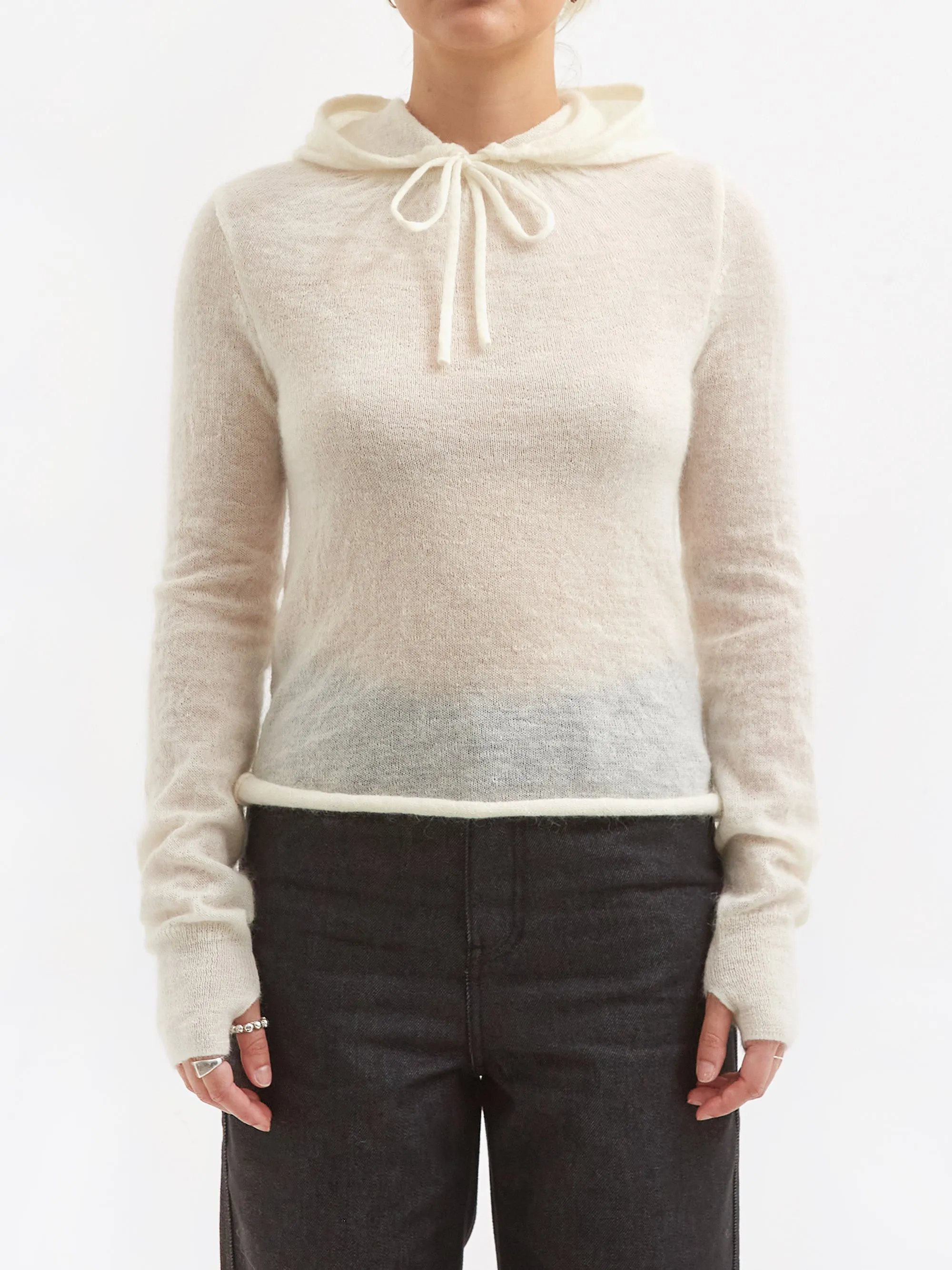 Ivory Sheer Drawstring Knit Hoodie - AMOMENTO.