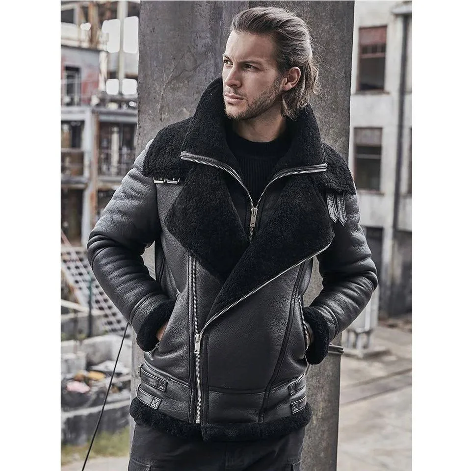 B3 Classic Bomber Shearling Sheepskin Motorcycle Leather Jacket