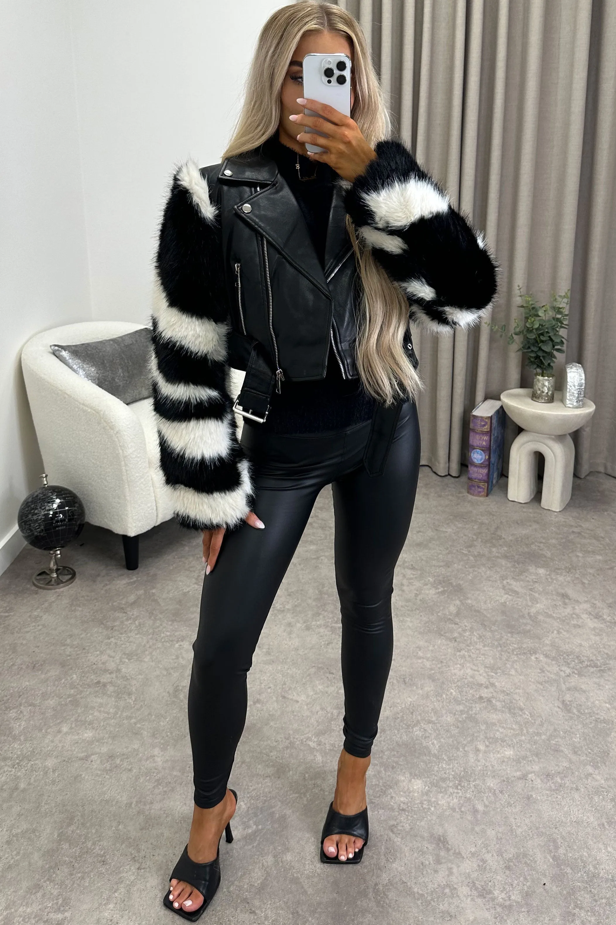 Bianka Black and White Faux Fur Faux Leather PU Cropped Biker Jacket