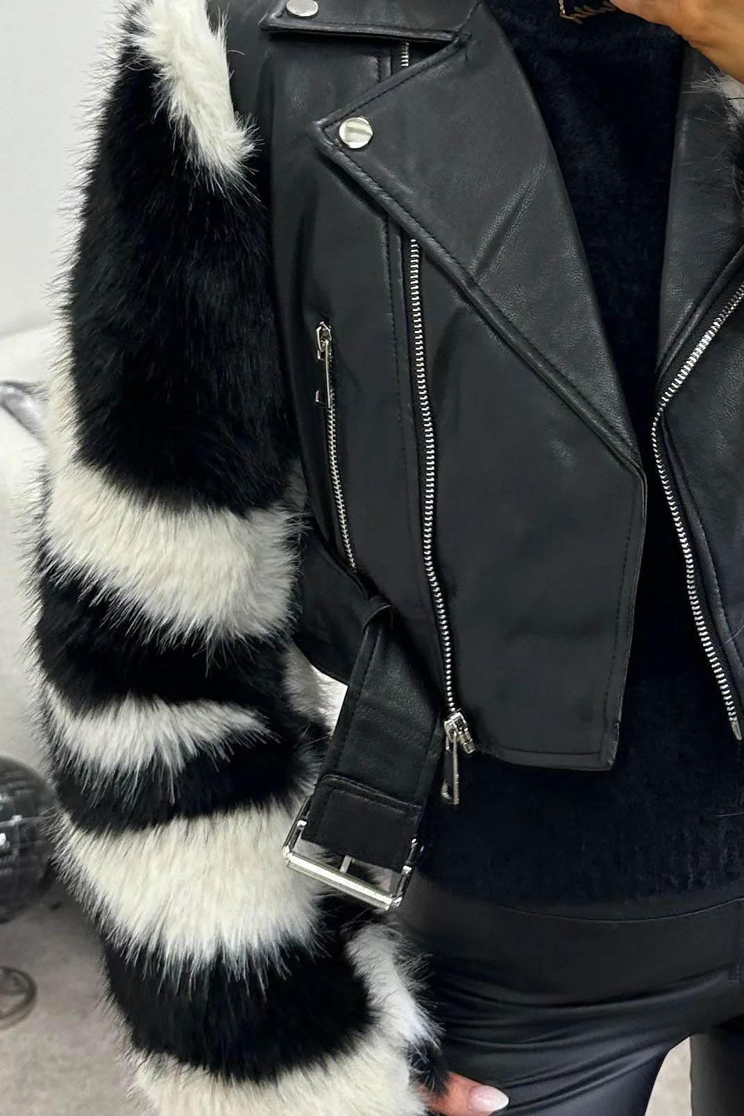 Bianka Black and White Faux Fur Faux Leather PU Cropped Biker Jacket