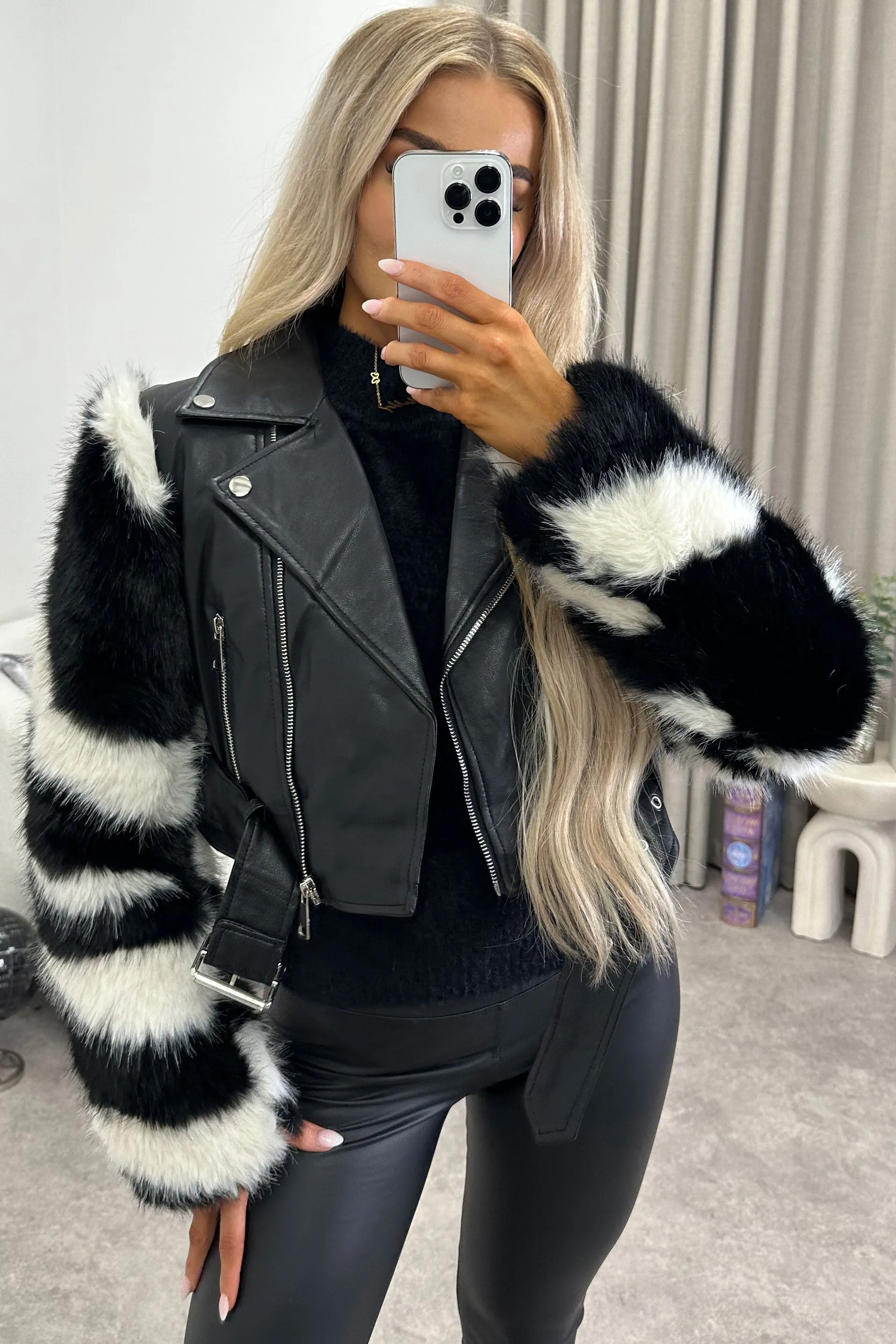 Bianka Black and White Faux Fur Faux Leather PU Cropped Biker Jacket