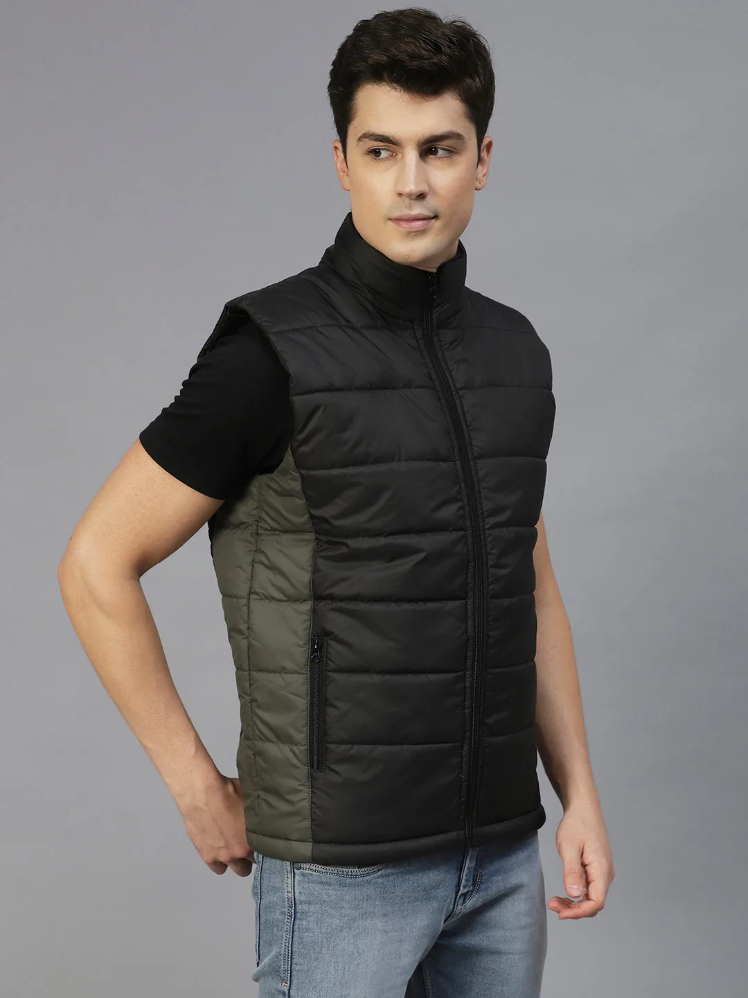 Black Colorblock Sleeveless Puffer Jacket