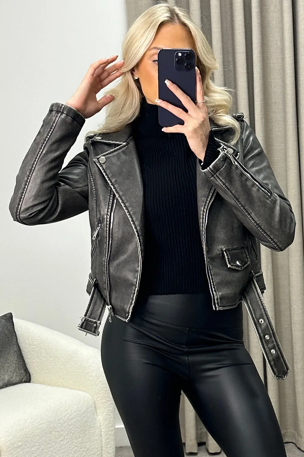 Brynn Black Washed Faux Leather PU Zip Up Belted Cropped Biker Jacket