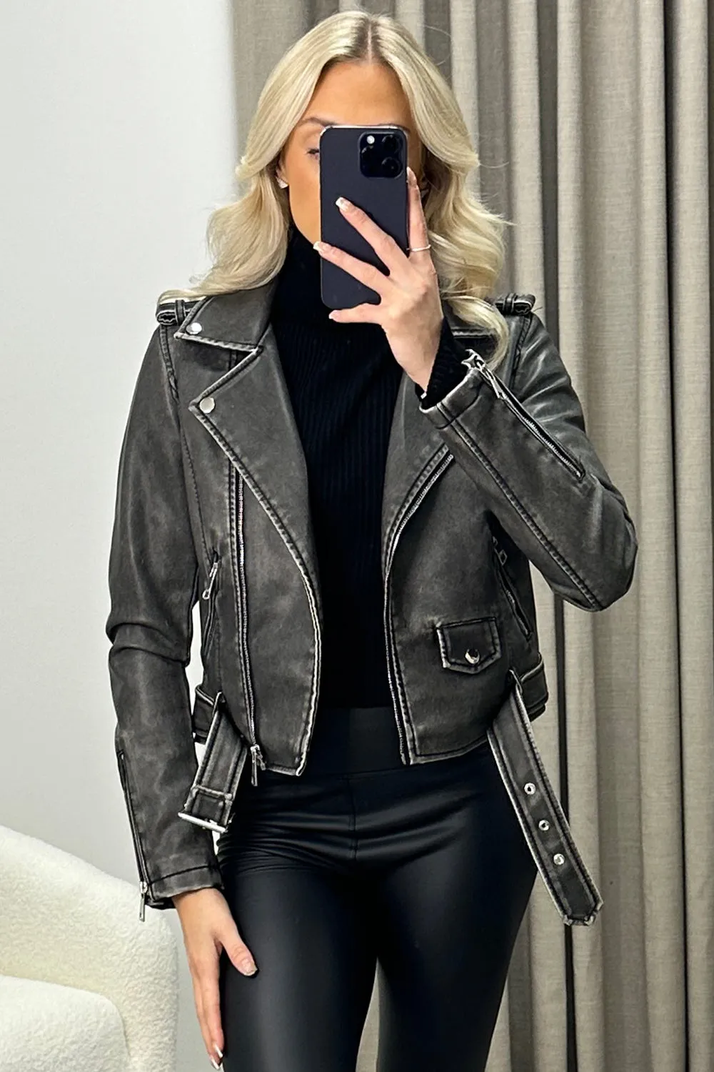 Brynn Black Washed Faux Leather PU Zip Up Belted Cropped Biker Jacket