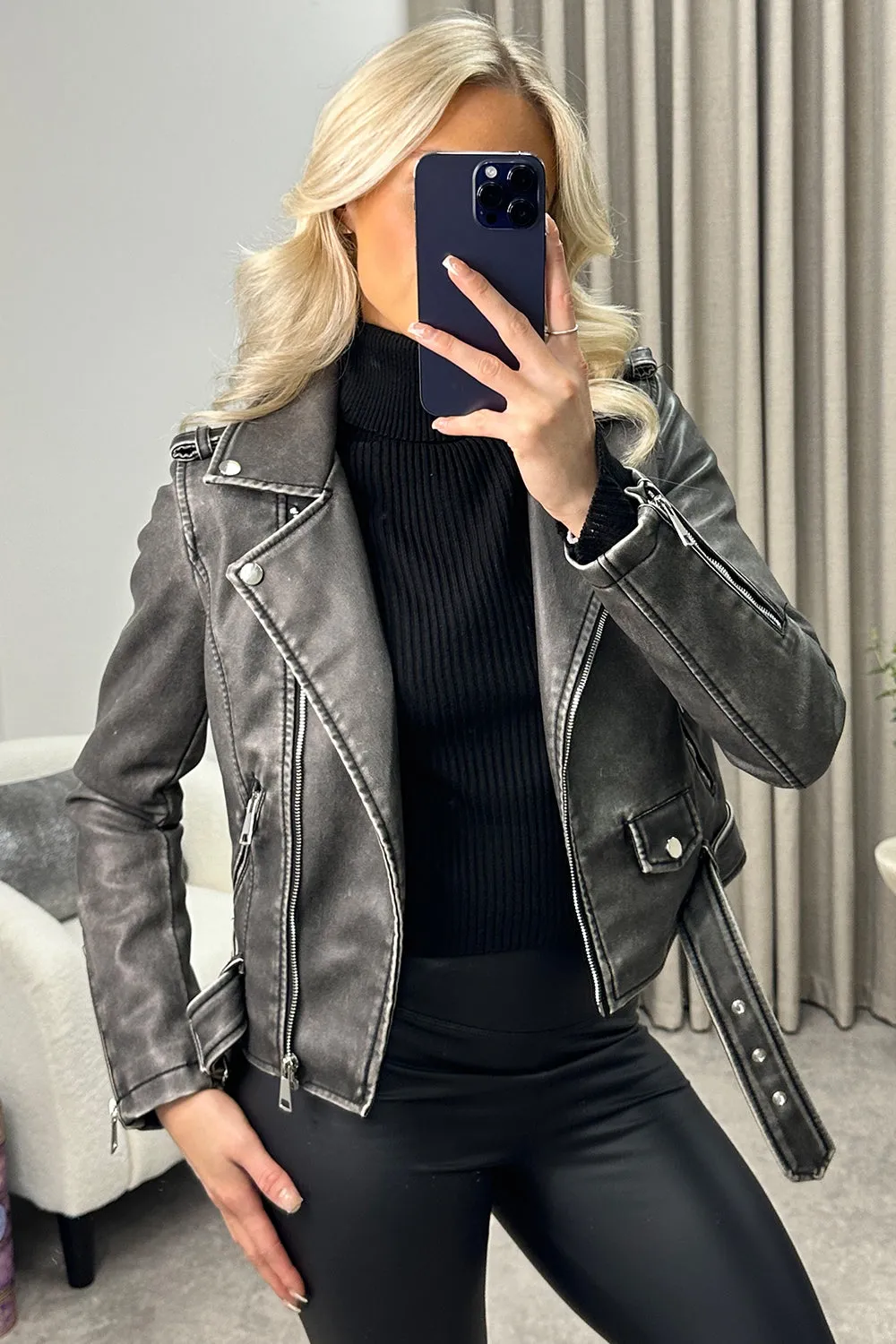 Brynn Black Washed Faux Leather PU Zip Up Belted Cropped Biker Jacket