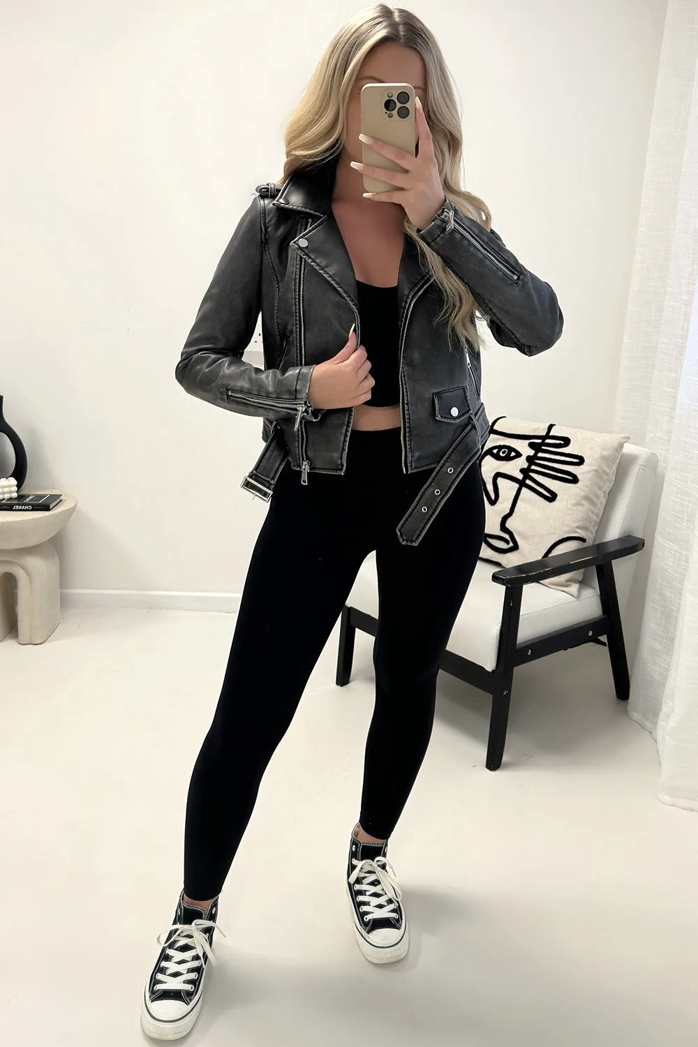 Brynn Black Washed Faux Leather PU Zip Up Belted Cropped Biker Jacket