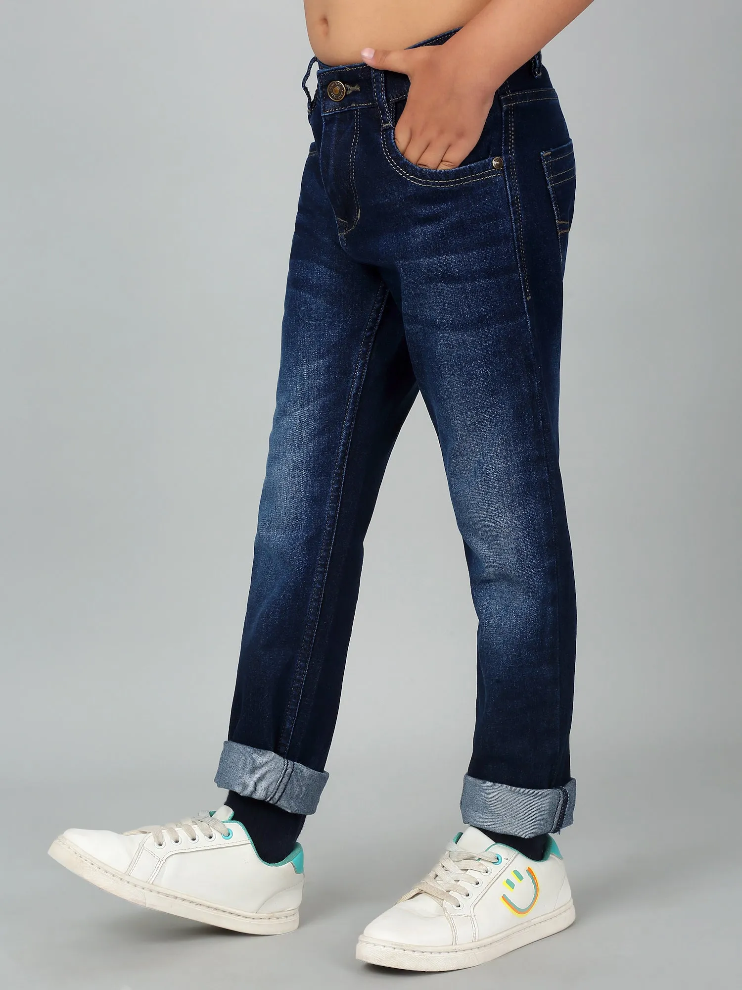 Cantabil Boy's Dark Blue Solid Stretchable Jeans