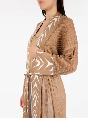 Cardigan lungo con bordo decorato warm sand / ivory