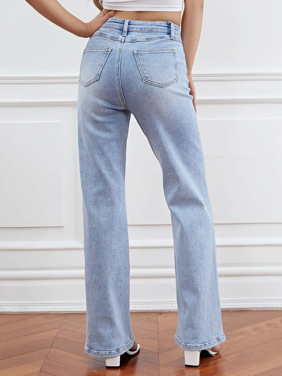 Casual Plain Pocket Straight Leg Jeans