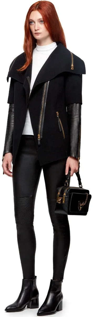 CECE S DOUBLE FACE WOOL JACKET WITH LEATHER SLEEVES