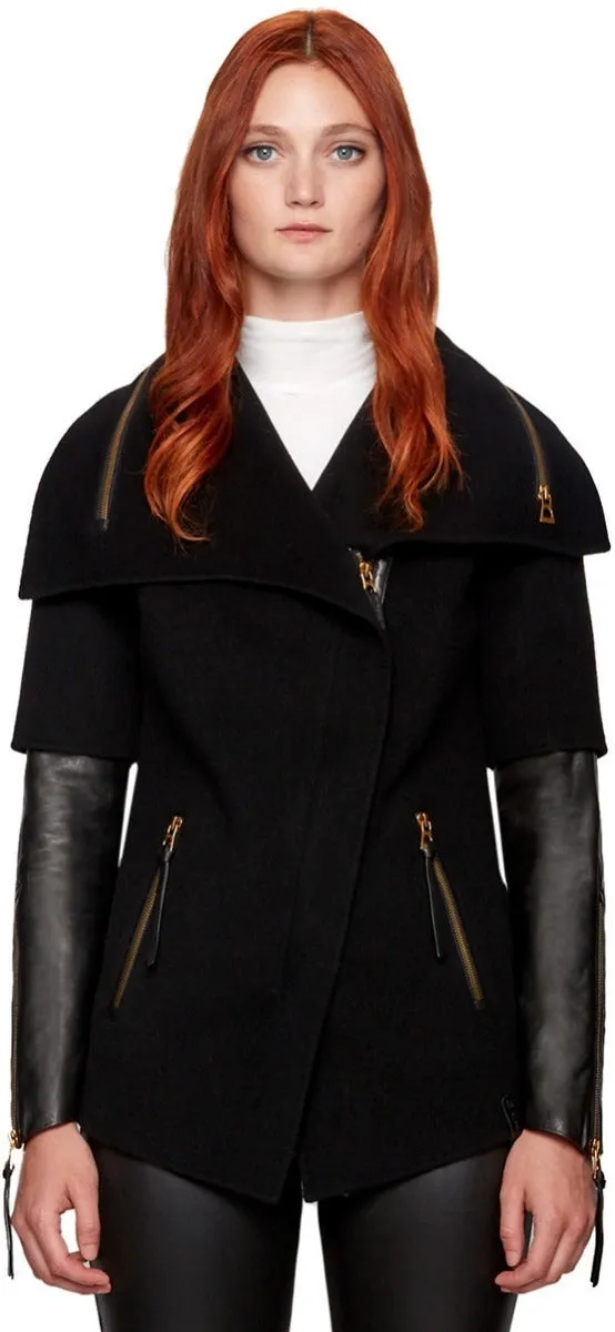 CECE S DOUBLE FACE WOOL JACKET WITH LEATHER SLEEVES