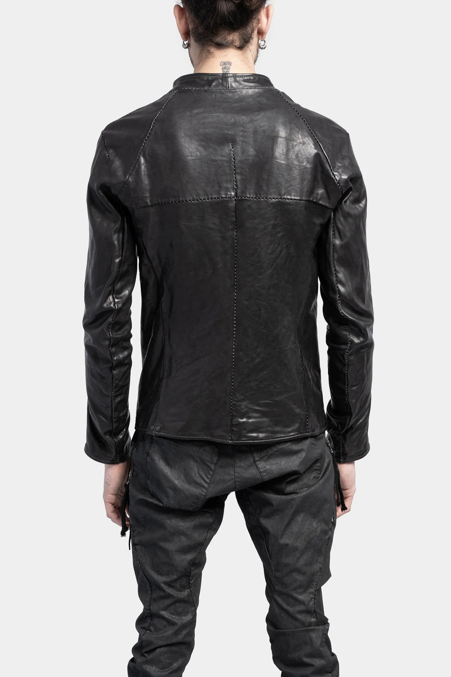 Collarless curved zip leather jacket