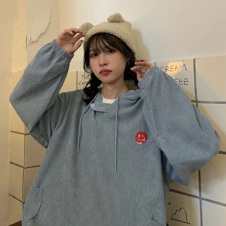 Corduroy Hoodie With Embroidery And Pockets