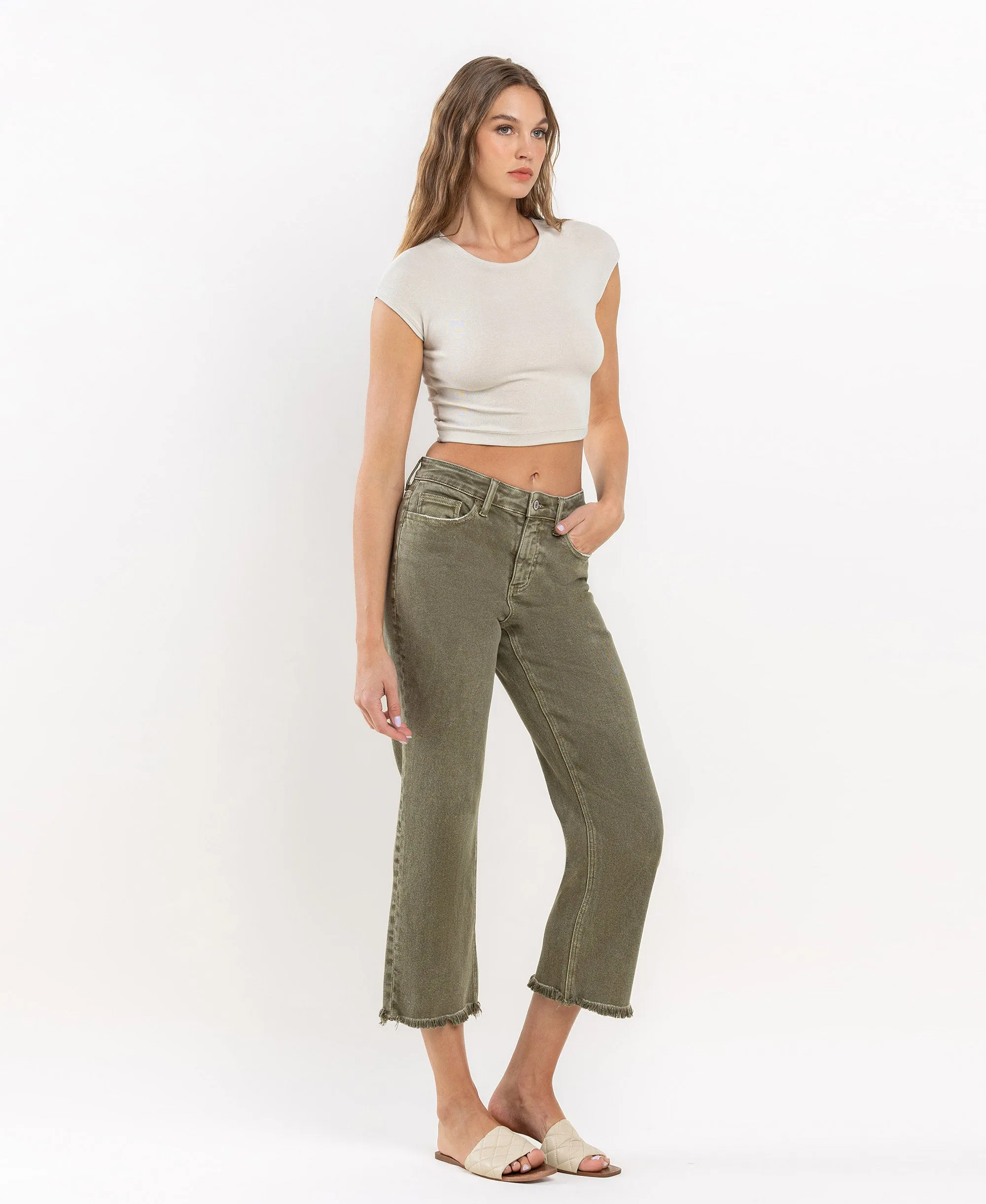 Deep Lichen Green - High Rise Raw Crop Straight Jeans