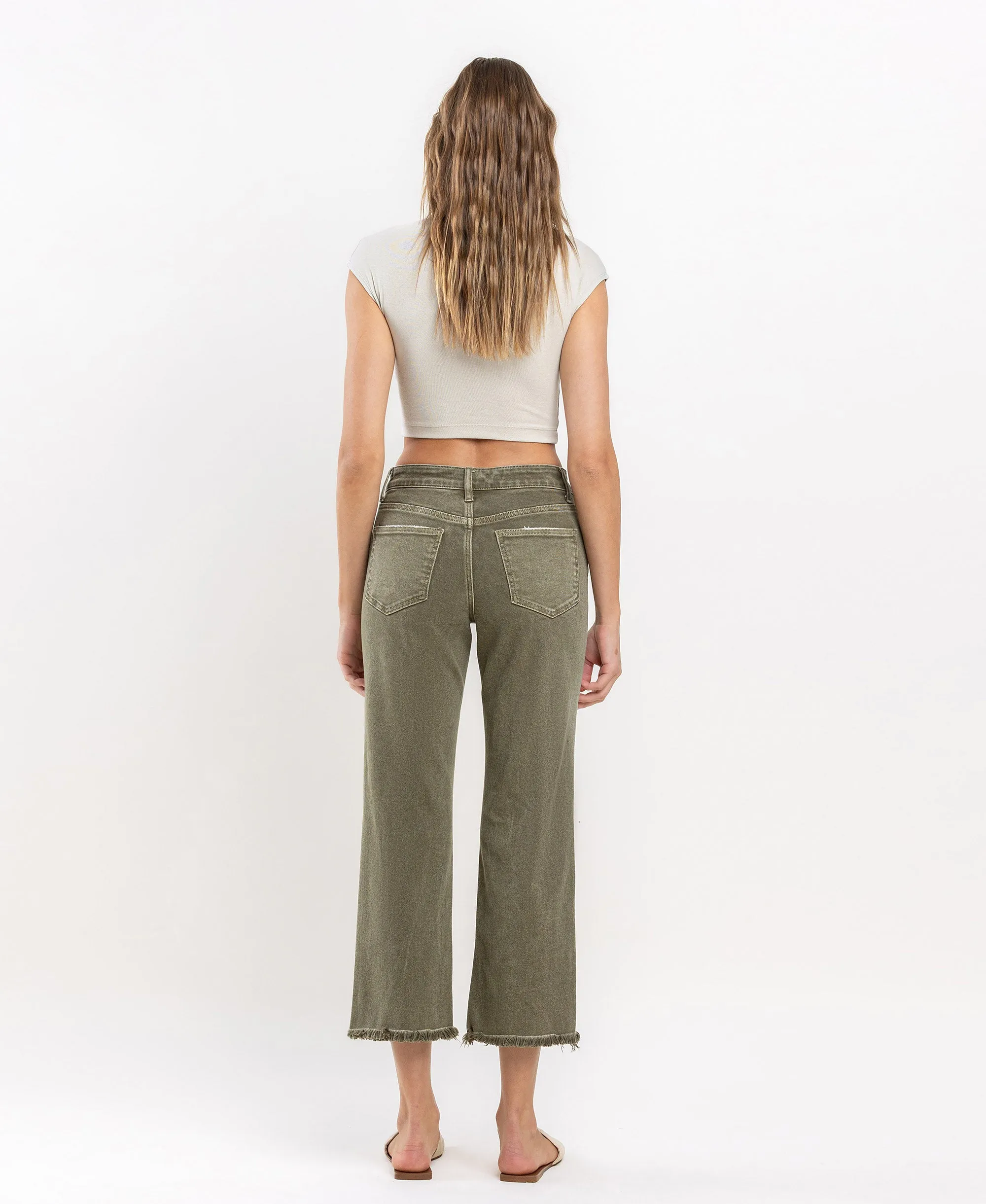 Deep Lichen Green - High Rise Raw Crop Straight Jeans