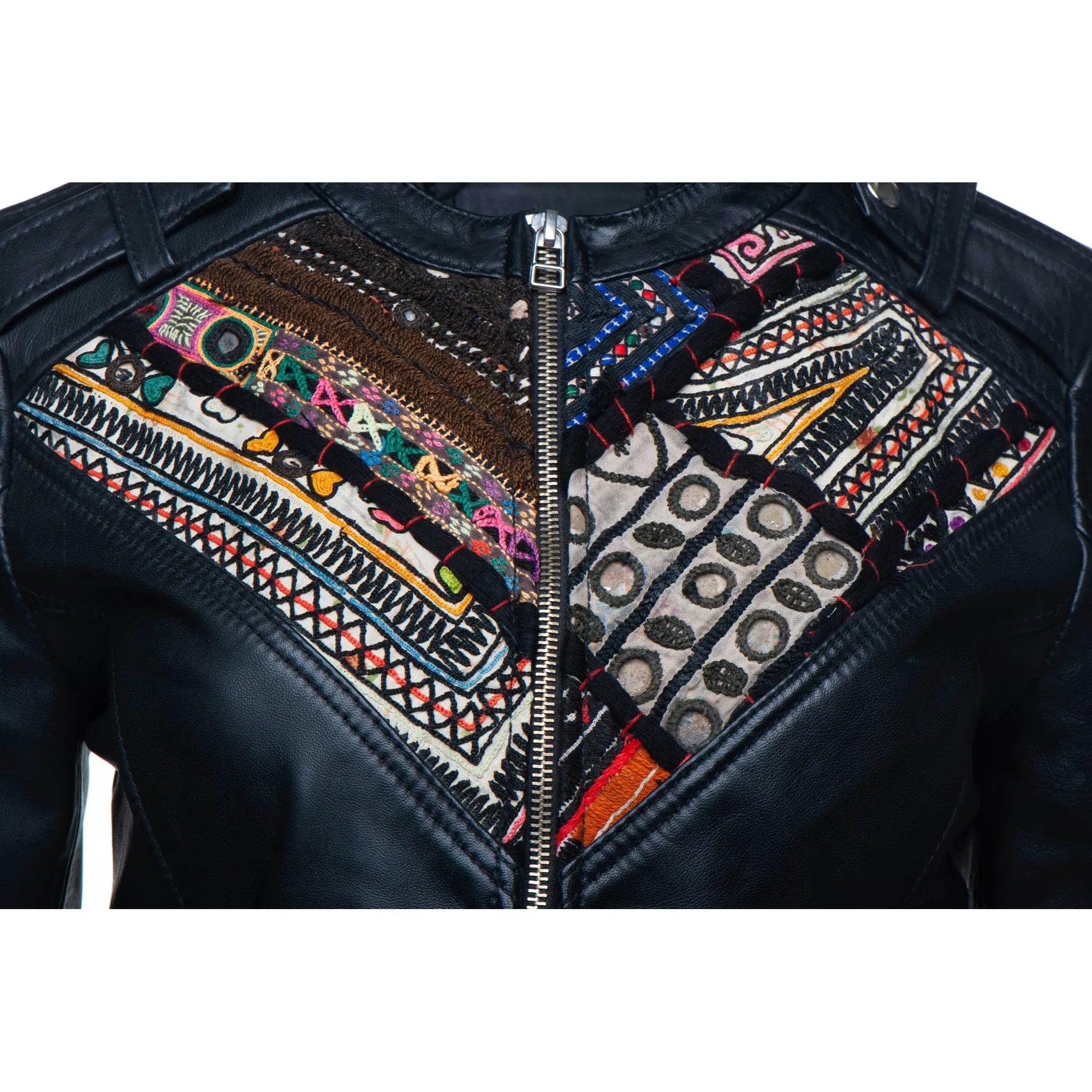 Delilah’s Bohemian Chic Leather Jacket With Tribal Hand Embroidered Fabric