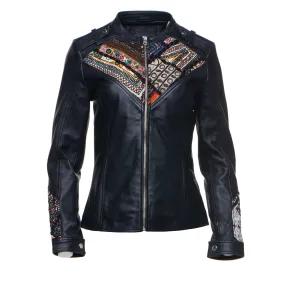 Delilah’s Bohemian Chic Leather Jacket With Tribal Hand Embroidered Fabric