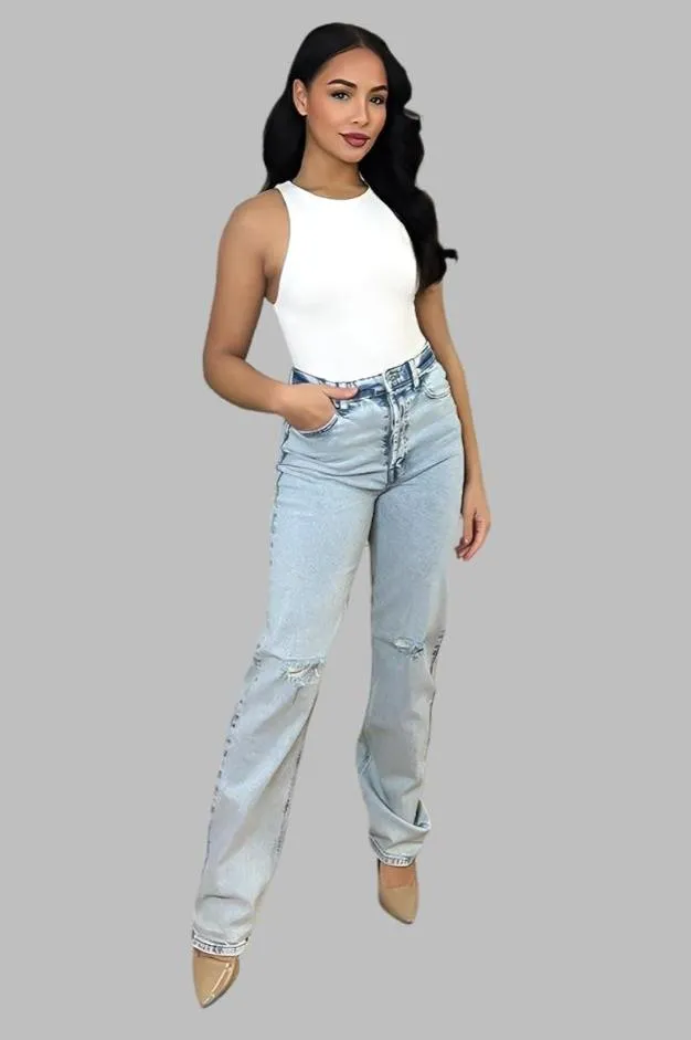 Denim Sky Ripped Knee High Waist Mum's Jeans