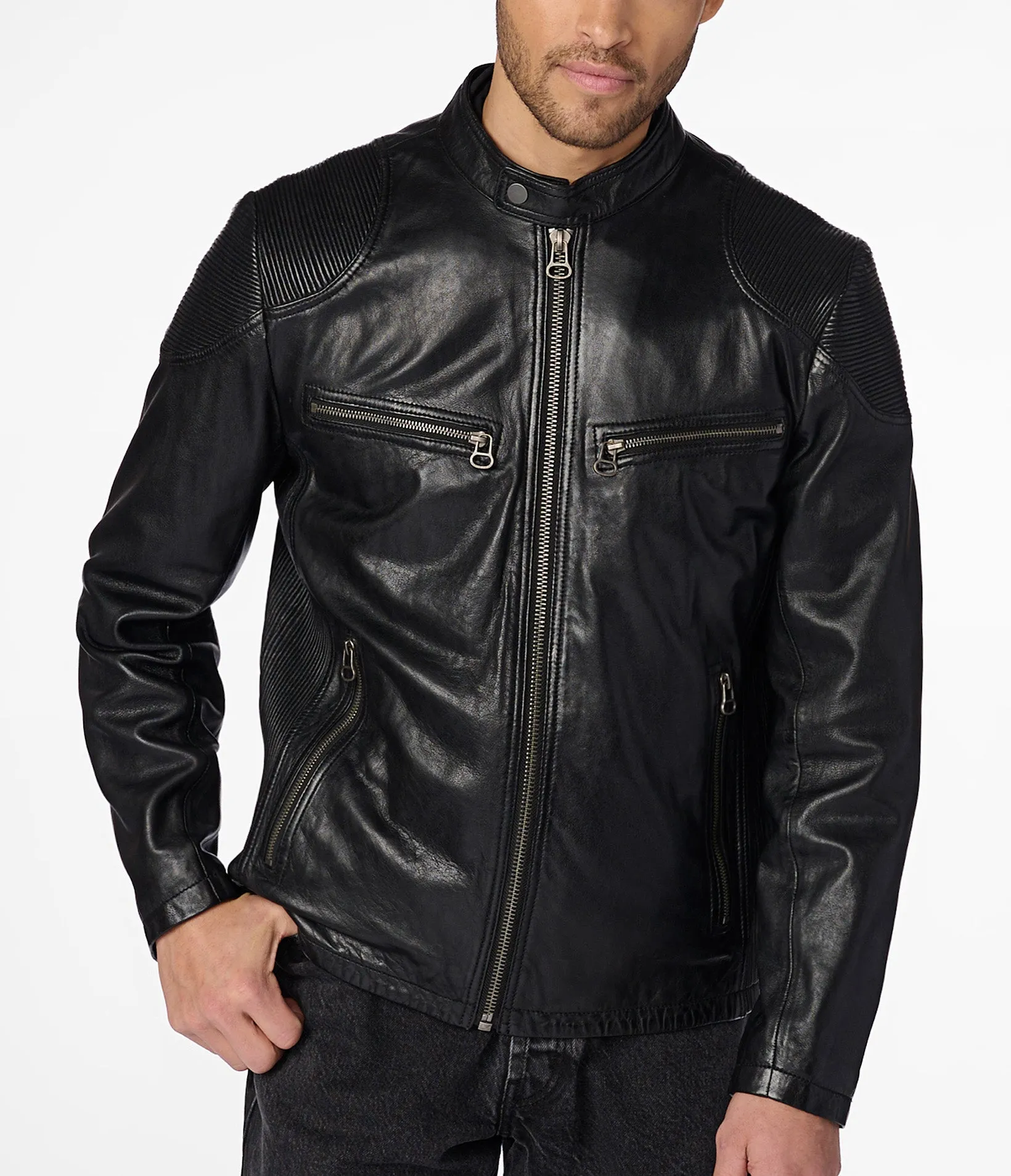 Drew Genuine Leather Jacket With Accordian Shoulder