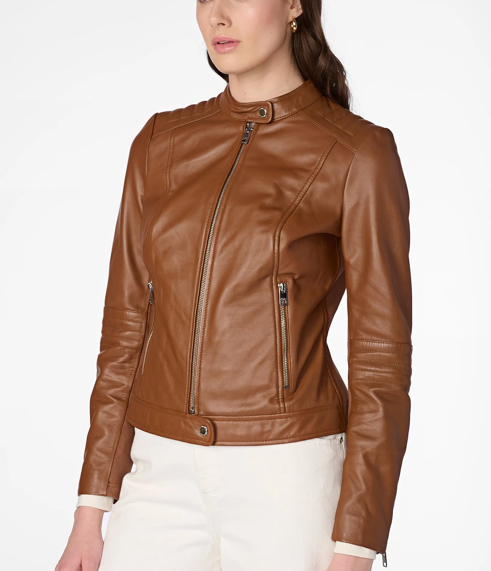 Emma Genuine Leather Jacket With Shoulder Detail