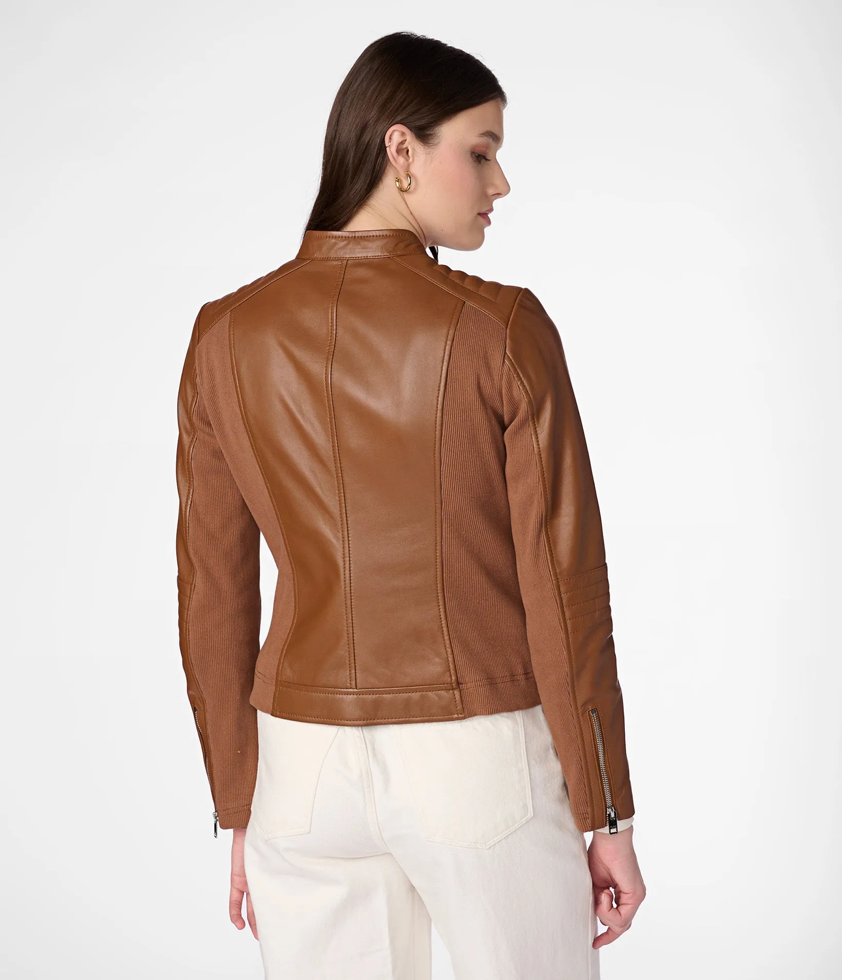 Emma Genuine Leather Jacket With Shoulder Detail