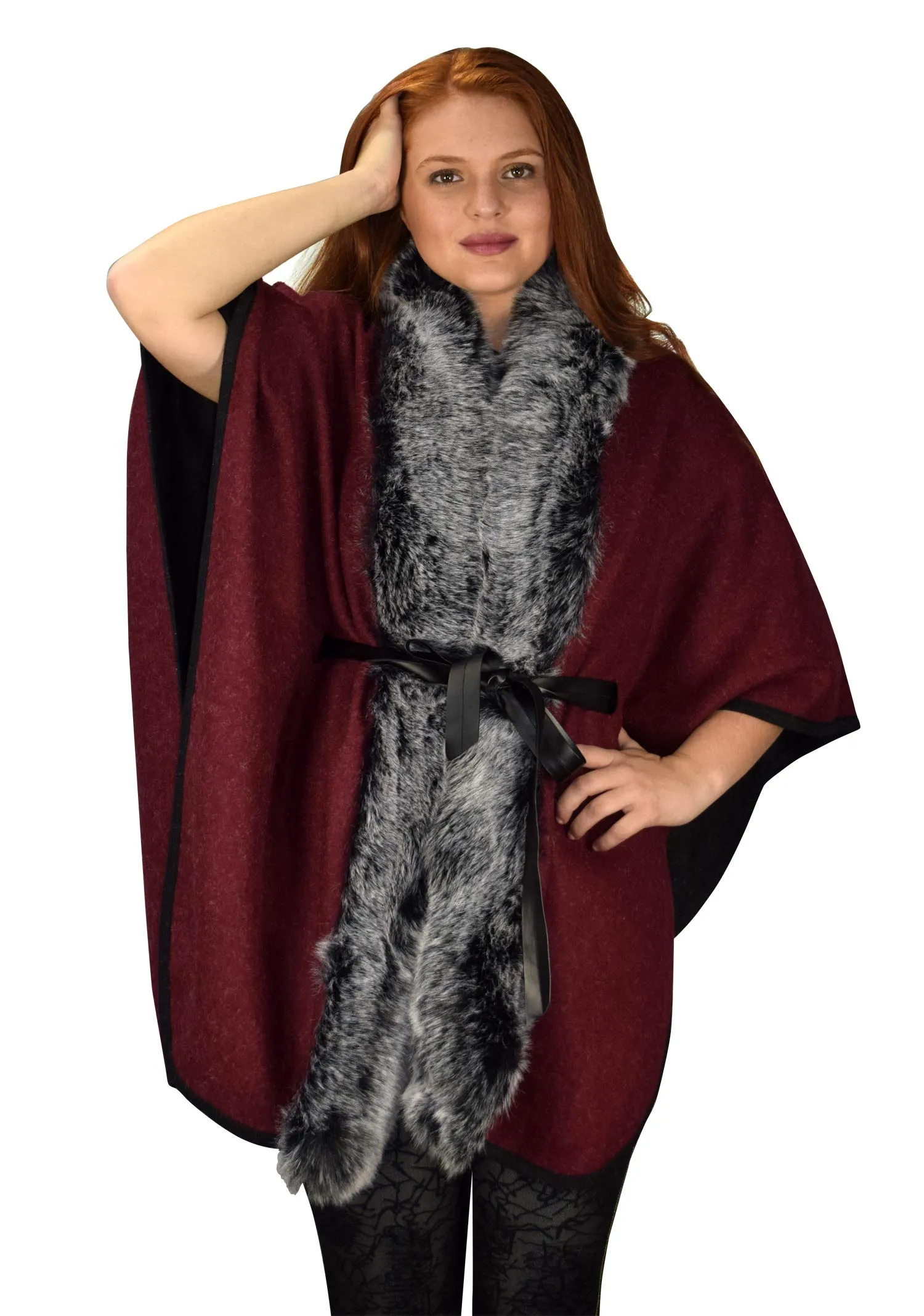 Faux Fur Poncho Extra Belt Sweater Relaxed Fit Pullover Warm Cover Up