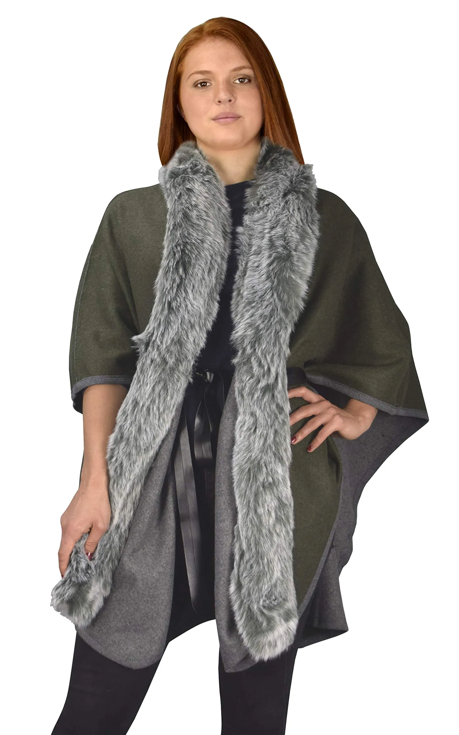 Faux Fur Poncho Extra Belt Sweater Relaxed Fit Pullover Warm Cover Up