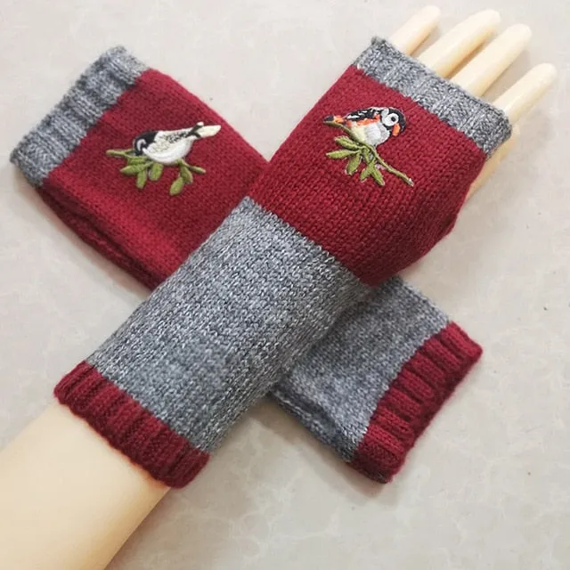 Fingerless Gloves With Embroidered Flowers Birds Or Hand Knitted Appliques 33 Different Colors! Three Different Styles Handmade Women's Warm Winter Embroidery Texting Gloves One Size