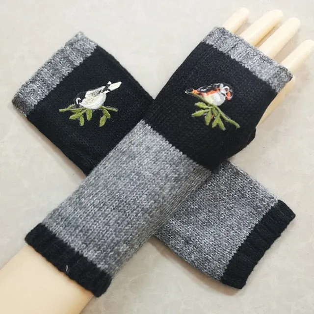 Fingerless Gloves With Embroidered Flowers Birds Or Hand Knitted Appliques 33 Different Colors! Three Different Styles Handmade Women's Warm Winter Embroidery Texting Gloves One Size