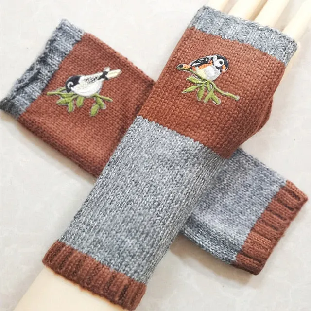 Fingerless Gloves With Embroidered Flowers Birds Or Hand Knitted Appliques 33 Different Colors! Three Different Styles Handmade Women's Warm Winter Embroidery Texting Gloves One Size