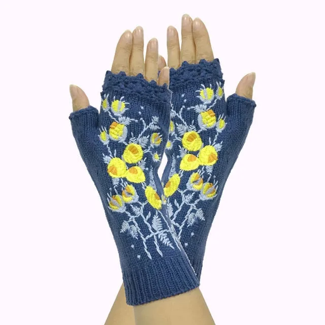 Fingerless Gloves With Embroidered Flowers Birds Or Hand Knitted Appliques 33 Different Colors! Three Different Styles Handmade Women's Warm Winter Embroidery Texting Gloves One Size