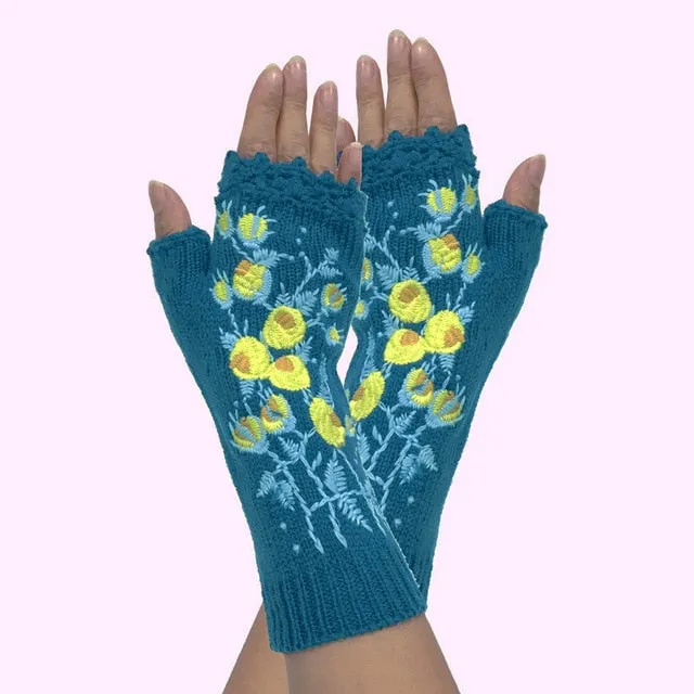 Fingerless Gloves With Embroidered Flowers Birds Or Hand Knitted Appliques 33 Different Colors! Three Different Styles Handmade Women's Warm Winter Embroidery Texting Gloves One Size