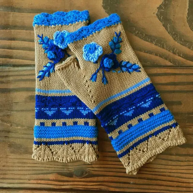 Fingerless Gloves With Embroidered Flowers Birds Or Hand Knitted Appliques 33 Different Colors! Three Different Styles Handmade Women's Warm Winter Embroidery Texting Gloves One Size