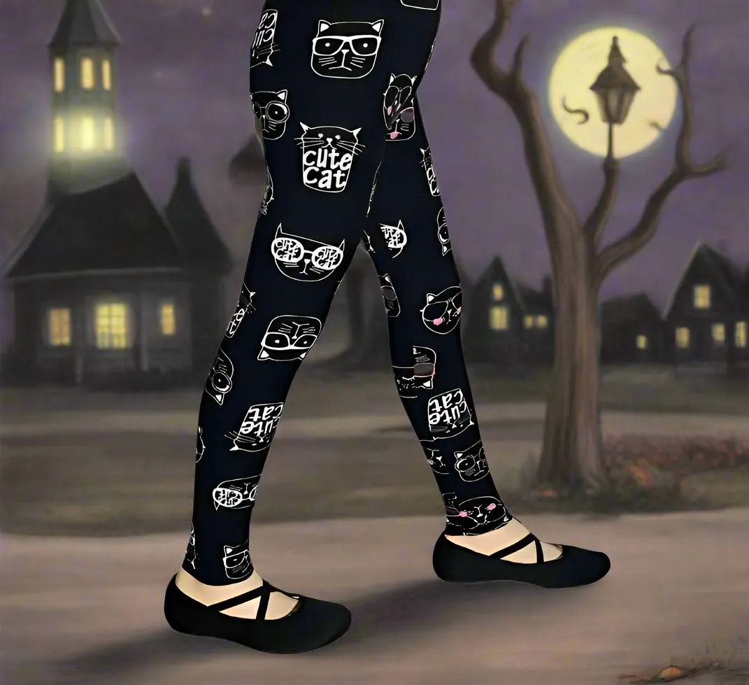 Girls Halloween Black Cat Leggings, Kids Yoga Pants, Sizes S/L, No-Roll Waist, Black/White