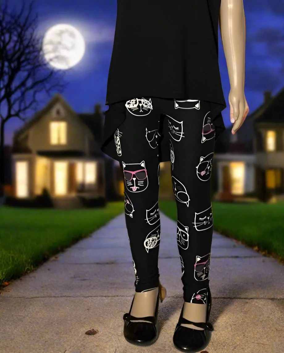 Girls Halloween Black Cat Leggings, Kids Yoga Pants, Sizes S/L, No-Roll Waist, Black/White