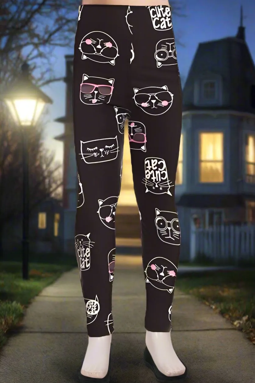 Girls Halloween Black Cat Leggings, Kids Yoga Pants, Sizes S/L, No-Roll Waist, Black/White