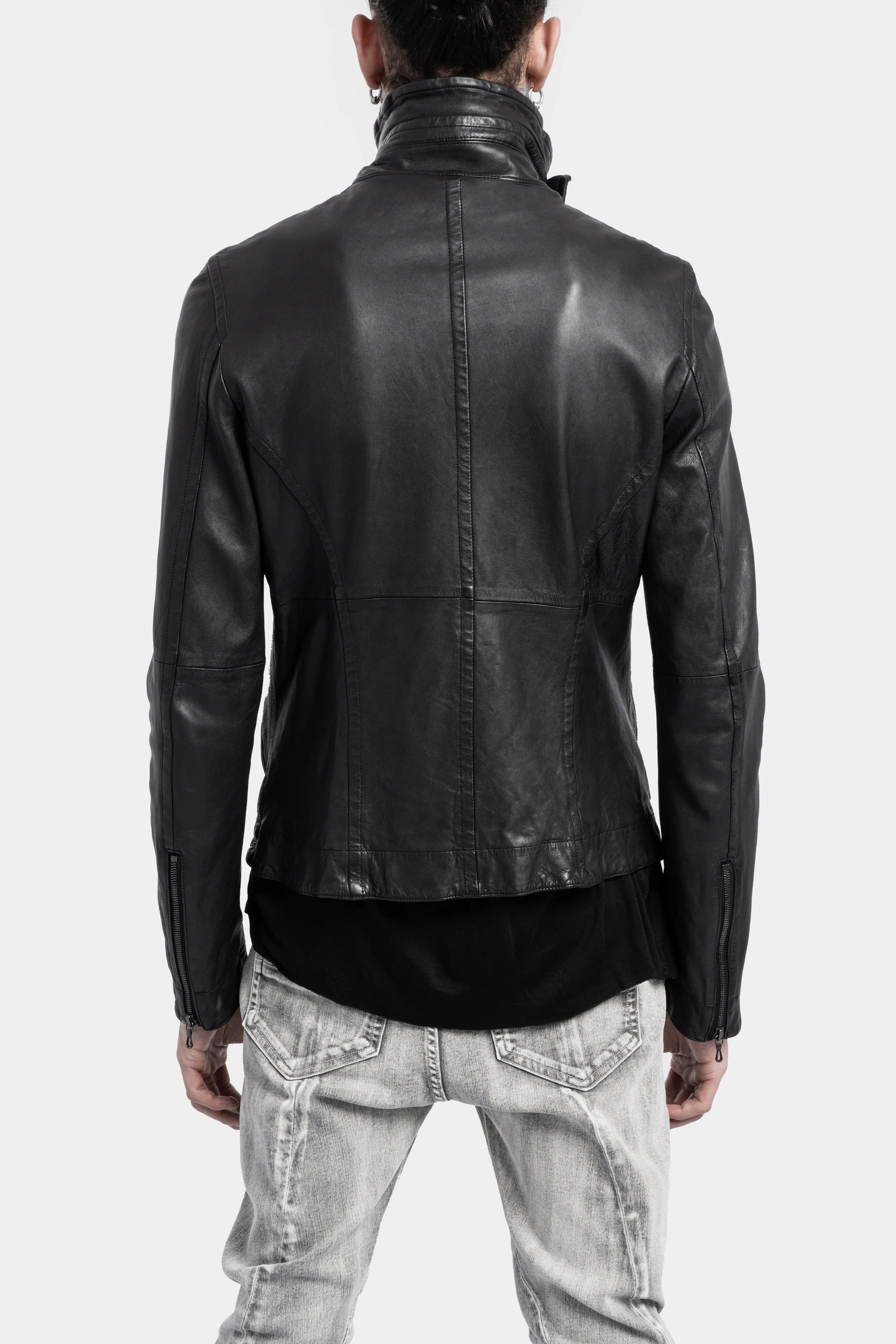 High neck cropped lamb leather jacket