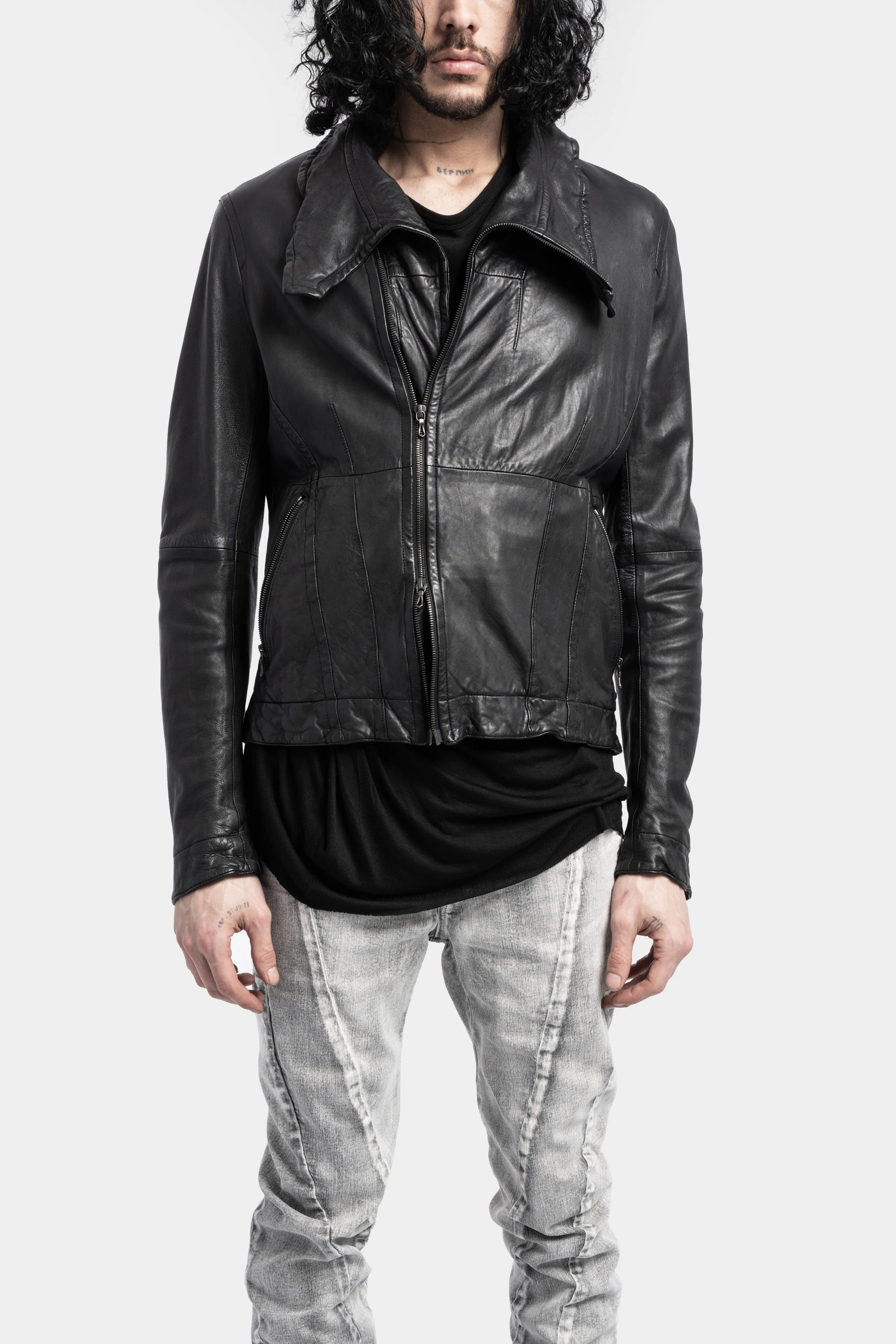 High neck cropped lamb leather jacket