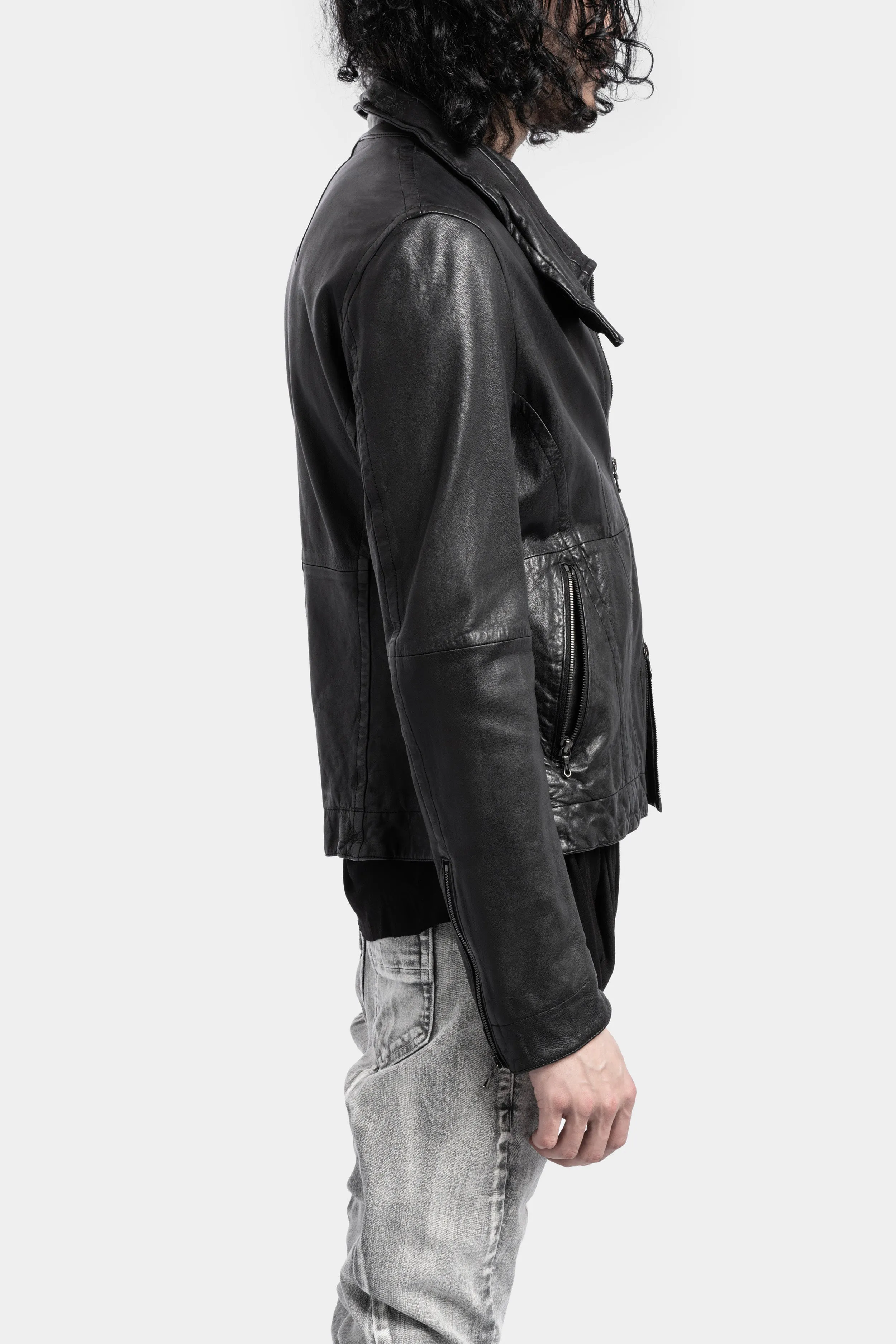 High neck cropped lamb leather jacket