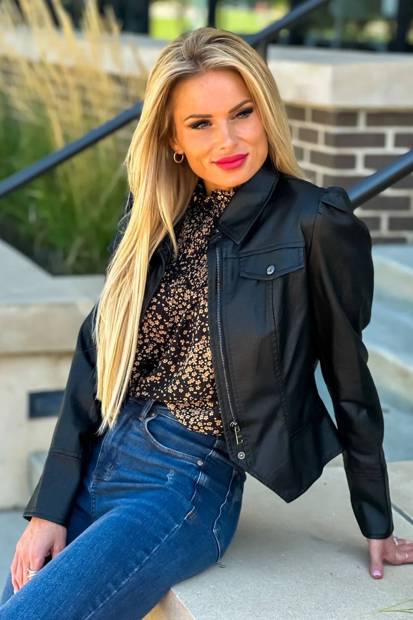 Hit The Town Faux Leather Puff Sleeve Jacket : Black