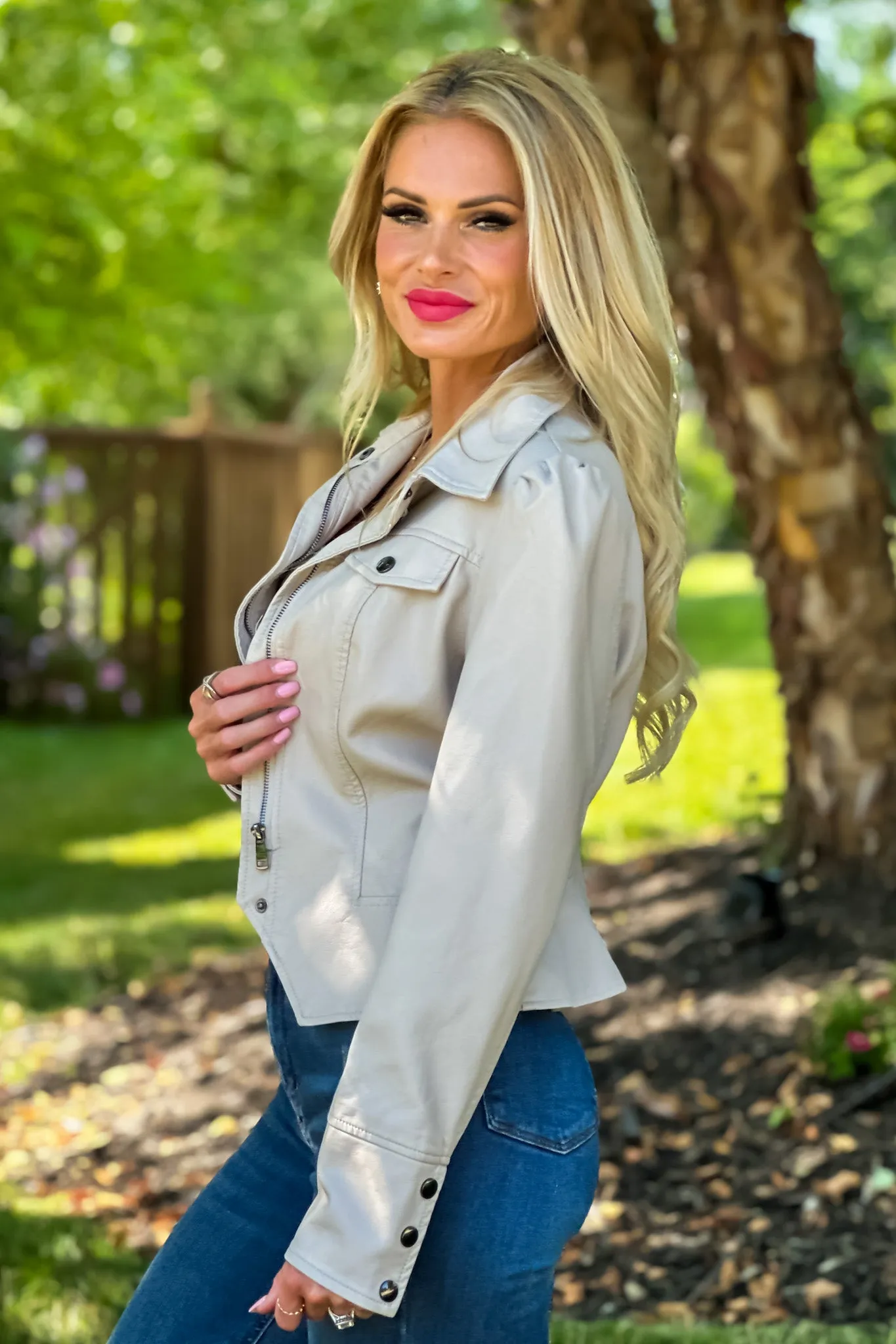 Hit The Town Faux Leather Puff Sleeve Jacket : Light Taupe