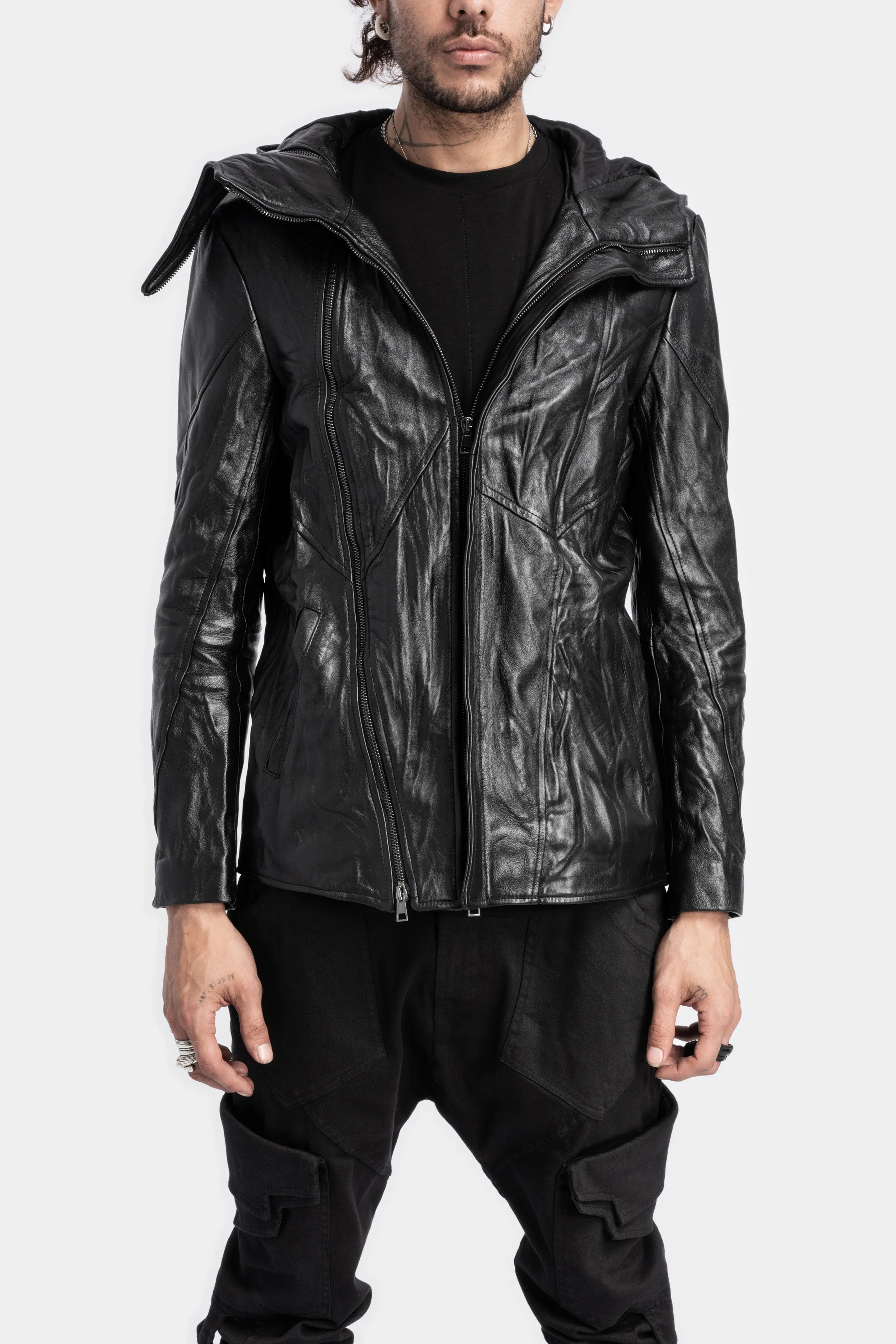 Hooded asymmetric leather jacket