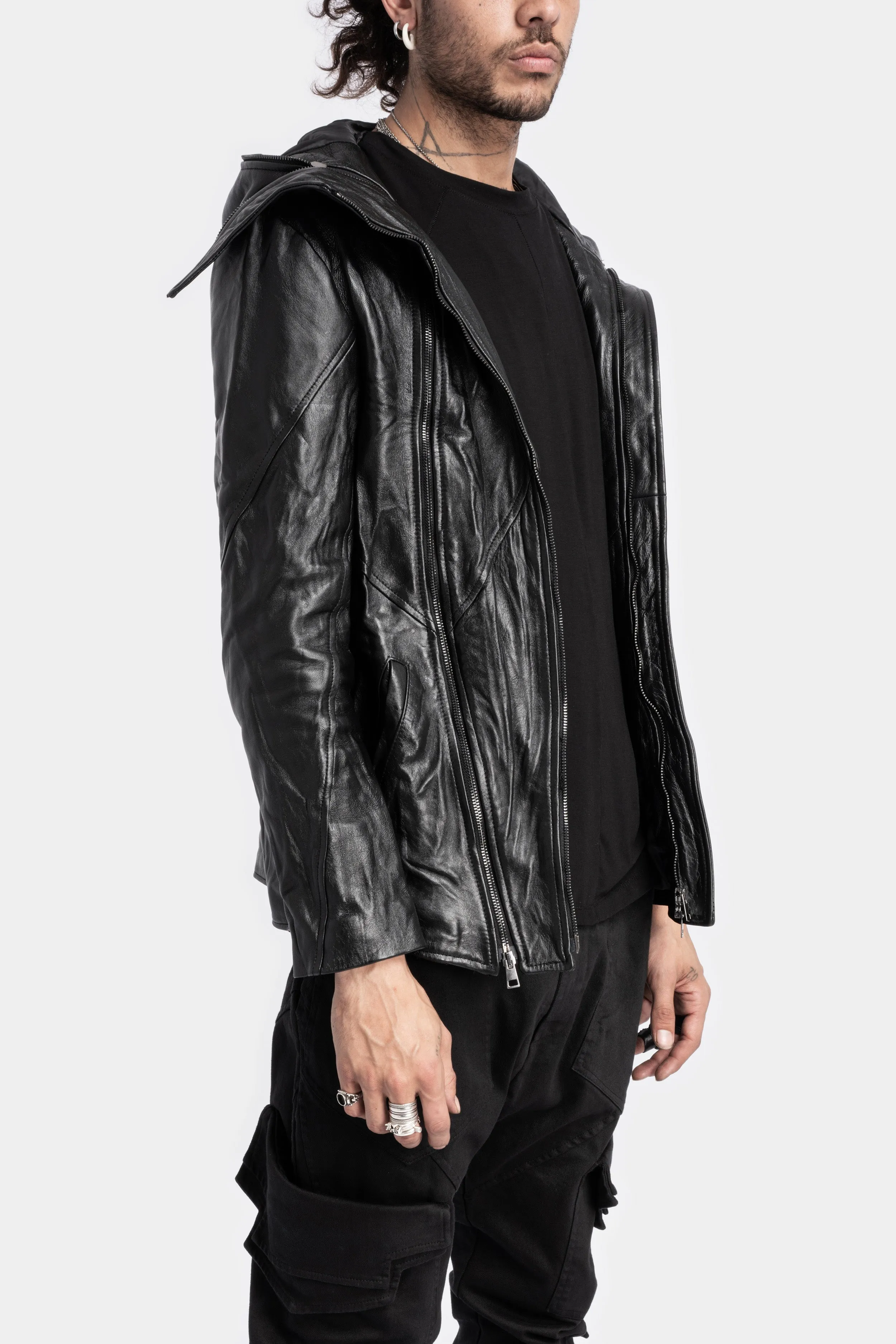 Hooded asymmetric leather jacket