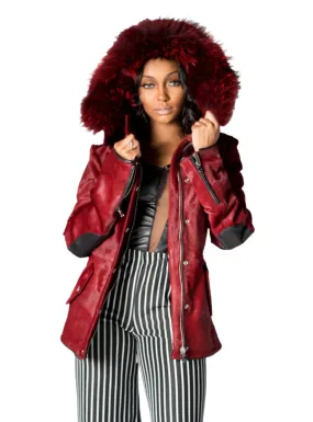 Leather Jacket with Raccoon Fur Trimmed Hood