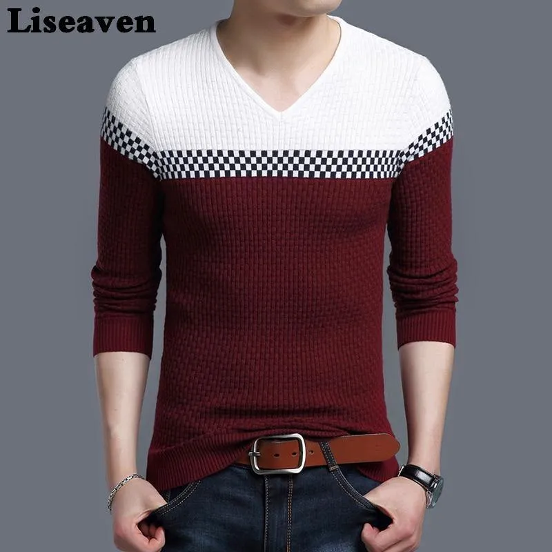 Liseaven Winter Men Pullover Sweater Casual Knitting Warm Sweaters Pattern V Neck Pullovers Brand Mens Clothing