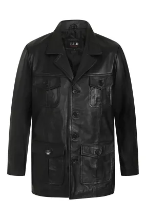 Men's Genuine Black Leather Classic Button Front Jacket - 'STEVE' - 4350