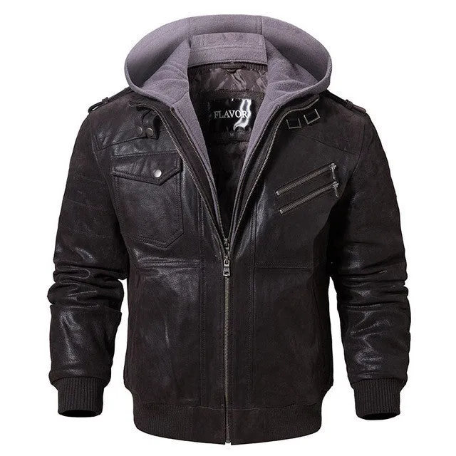 Men's Jacket Imulated Leather Detachable Cap