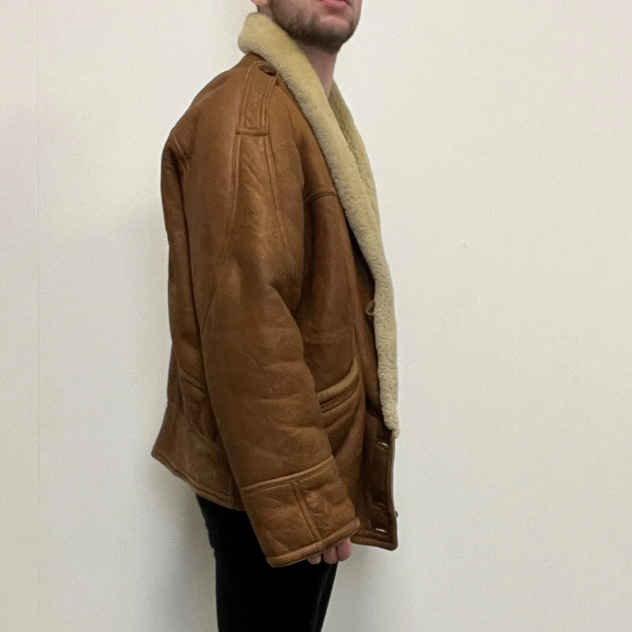 Men's Tan/Cream Genuine Leather Sheepskin Suede Jacket - Large